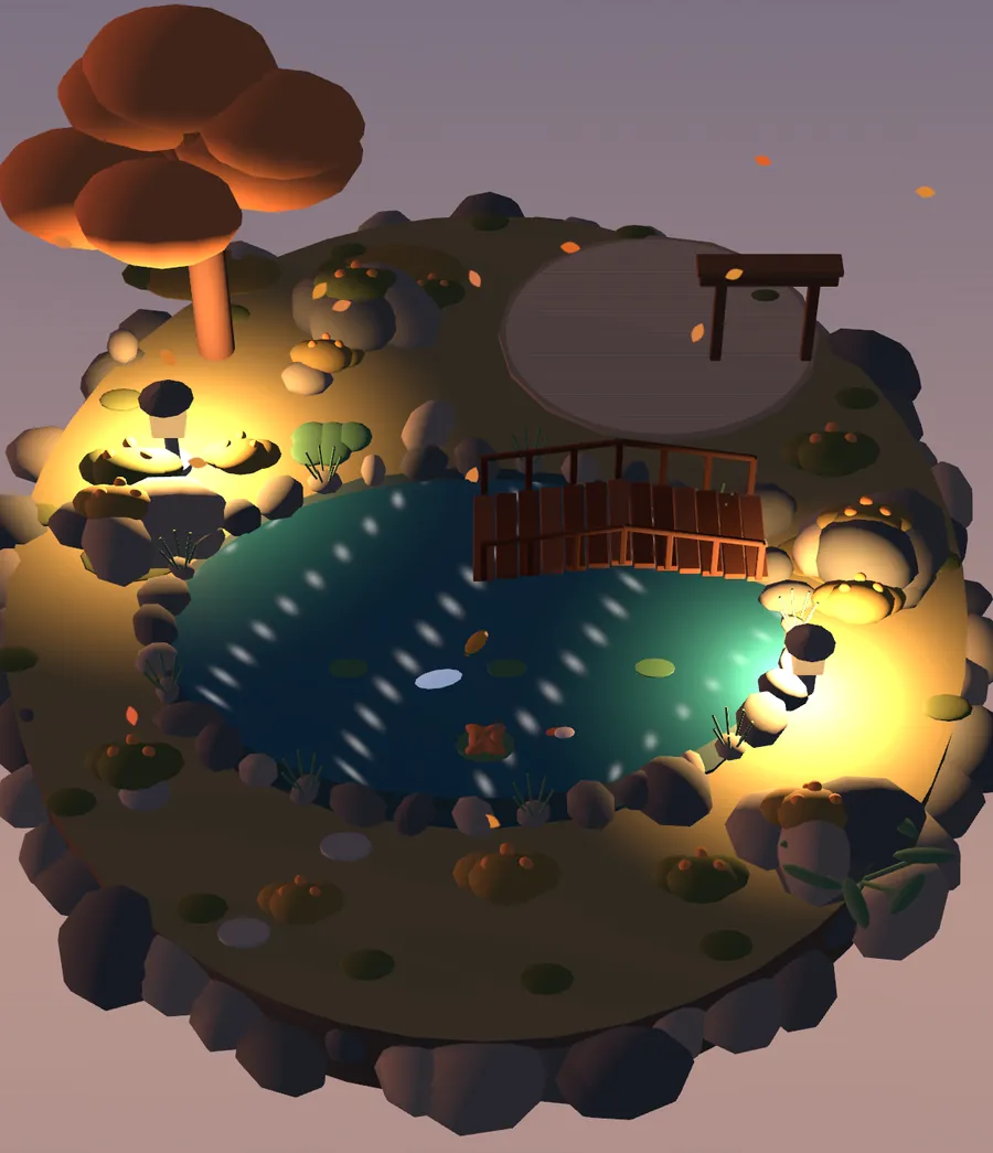 A photo of the garden at dusk, its lanterns glowing around the pond.