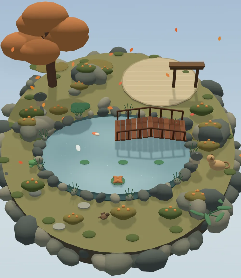The island by day: a calm pond, a wooden bridge, an autumn maple and a cat resting at the water's edge.