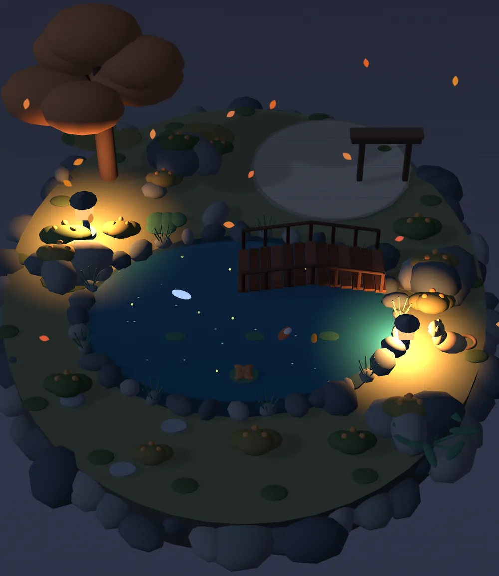 The same island at night: stone lanterns glow warm and small lights shimmer on the dark pond.