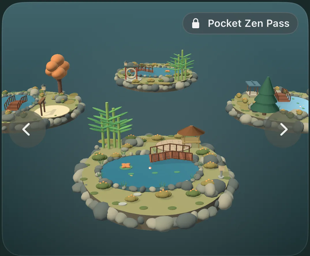 The garden picker: four miniature islands on a 3D turntable, with the Vietnam garden in front, marked with a Pocket Zen Pass lock.