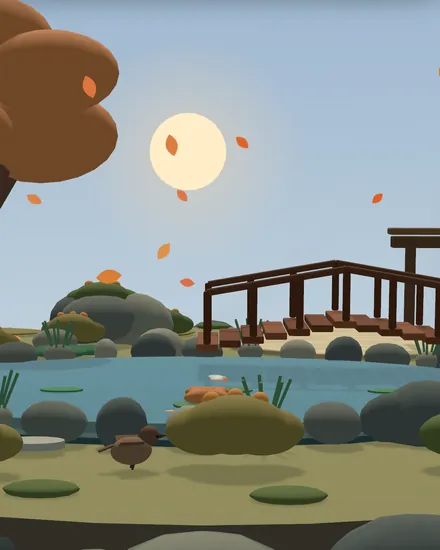 An eye-level view across the pond toward the bridge and the sun.