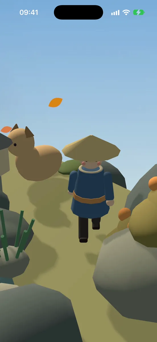 The little gardener in a conical hat and an indigo jacket walking across the grass, Momo the cat resting behind.