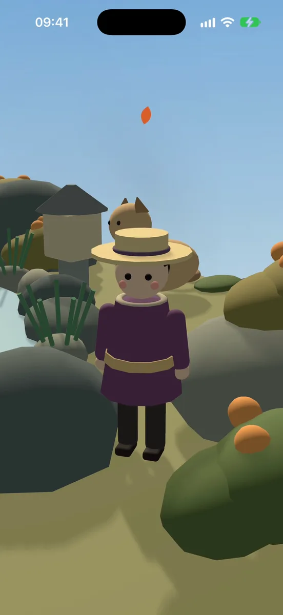 The gardener in a round straw hat and a plum jacket, waving hello, with Momo the cat behind.