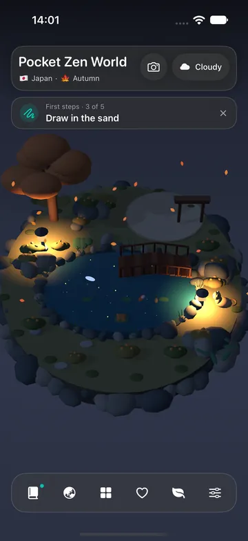 The garden at night with glowing stone lanterns.