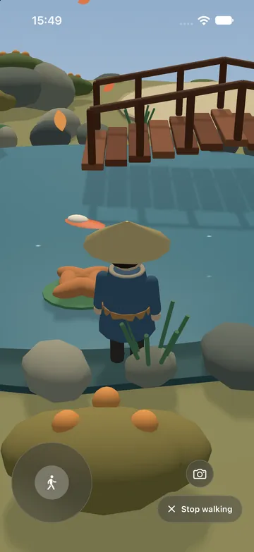 The little gardener in a conical hat at the edge of the pond.